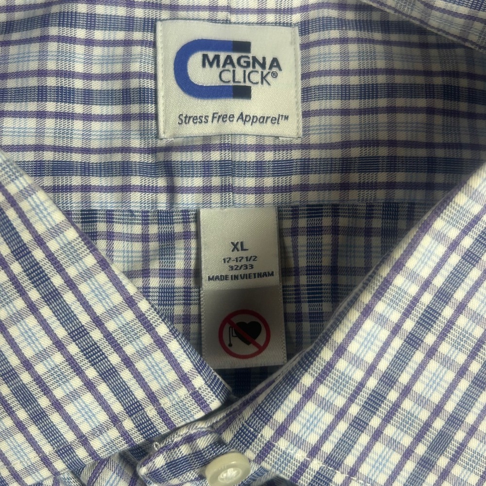 MagnaClick Mens XL Plaid Magnetic Closure Dress Shirt Blue Wrinkle Free 17-17.5 - Picture 4 of 8